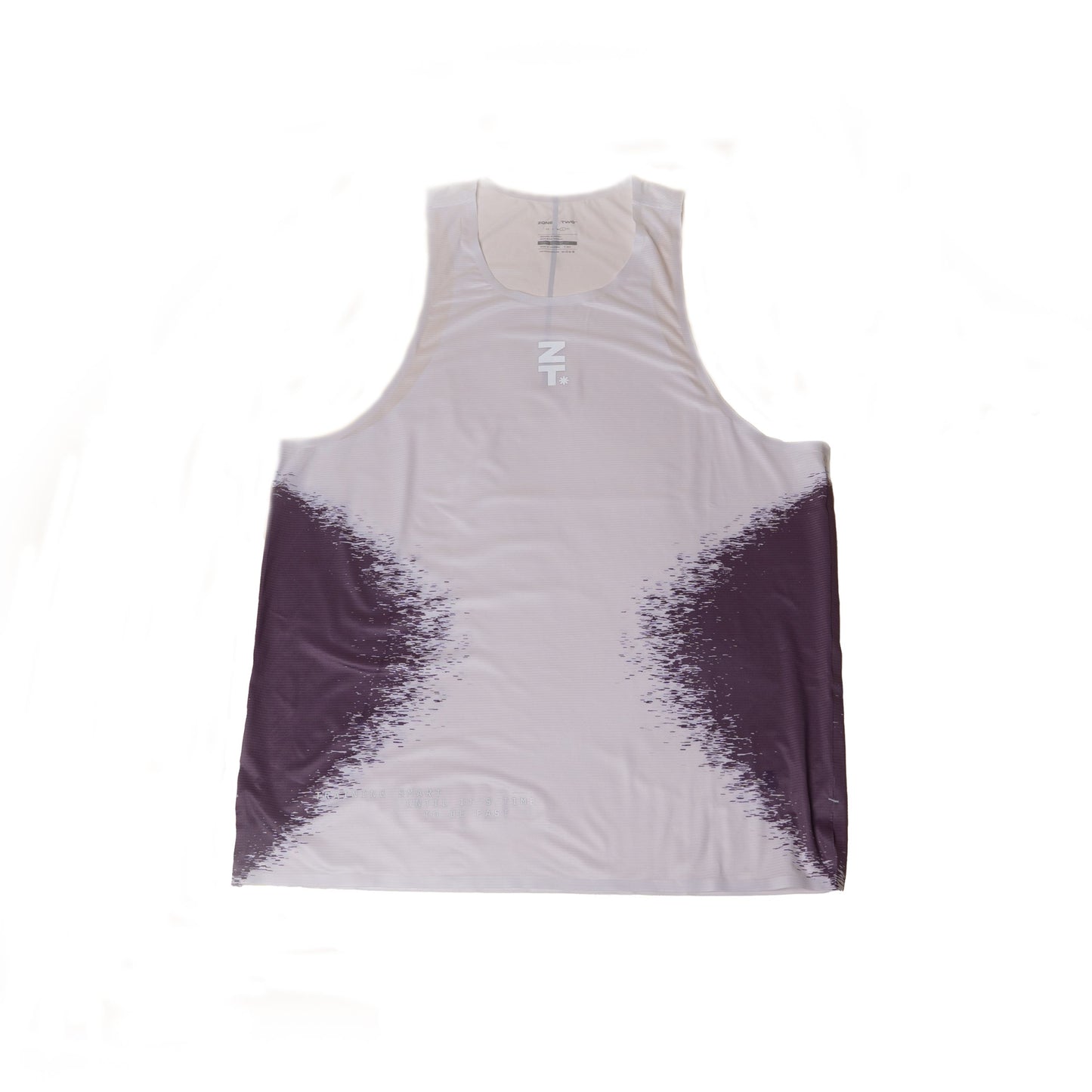 The Static Tank in white with an aubergine faded gradient at the sides, laid flat.