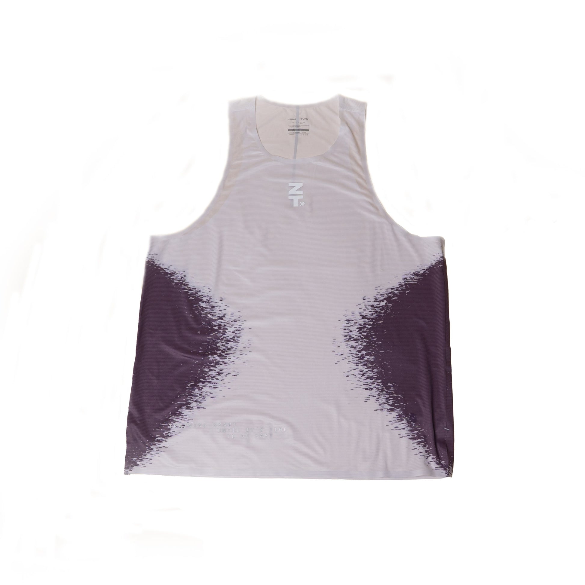 The Static Tank in white with an aubergine faded gradient at the sides, laid flat.