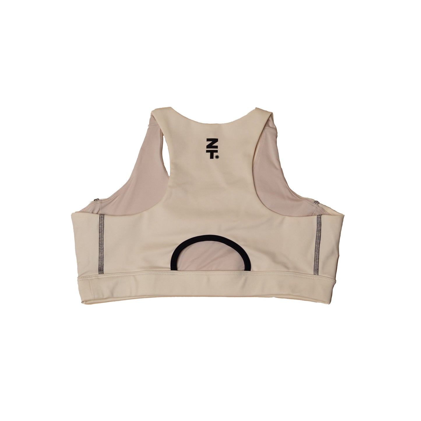 The CTRL Sports Bra in bone laid flat, back view, showing the racerback and open cut-out.