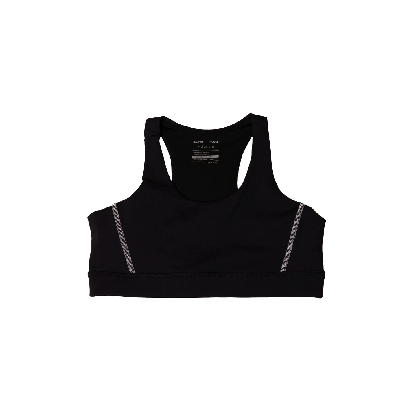 The CTRL Sports Bra in onyx laid flat, front view, with a wide underband.
