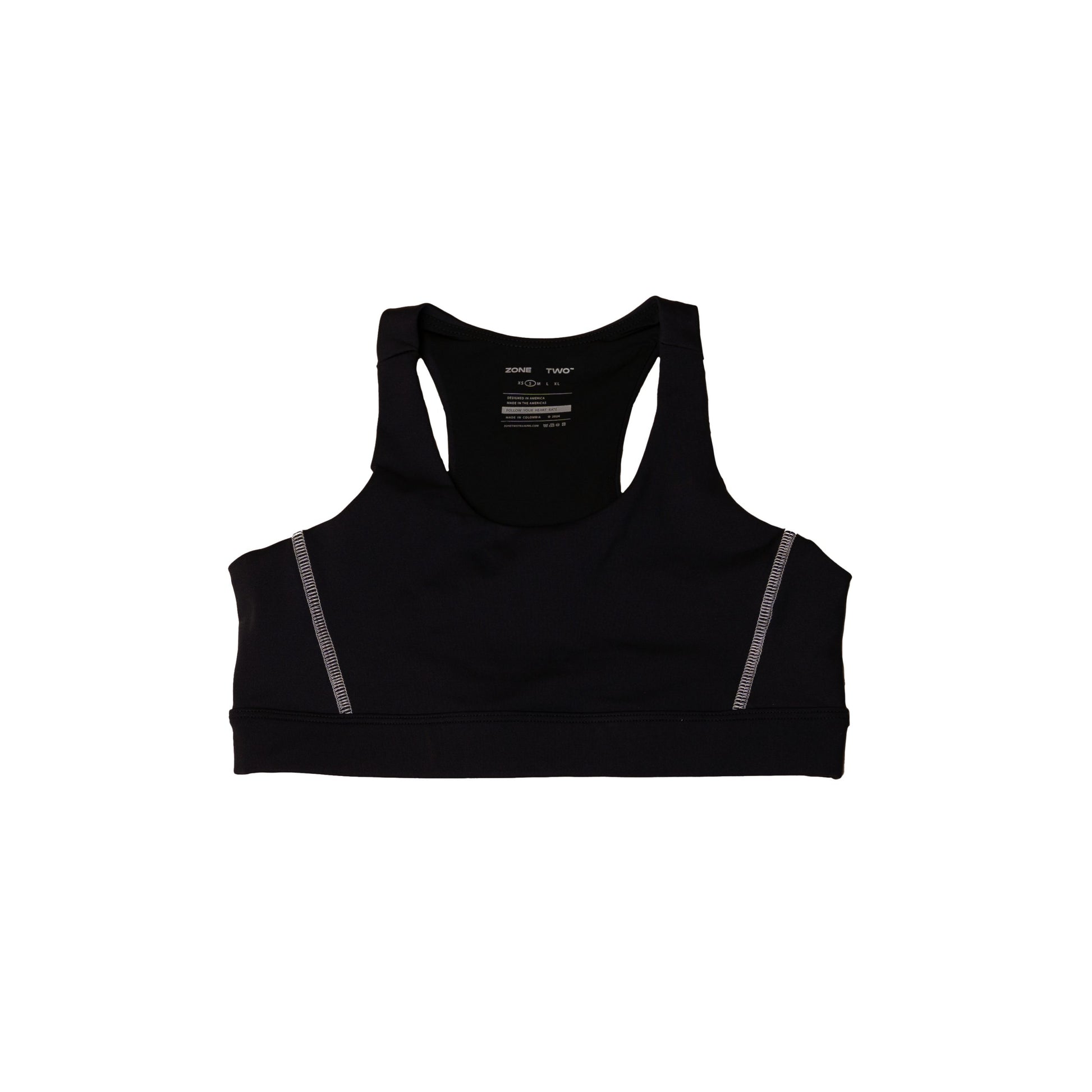 The CTRL Sports Bra in onyx laid flat, front view, with a wide underband.
