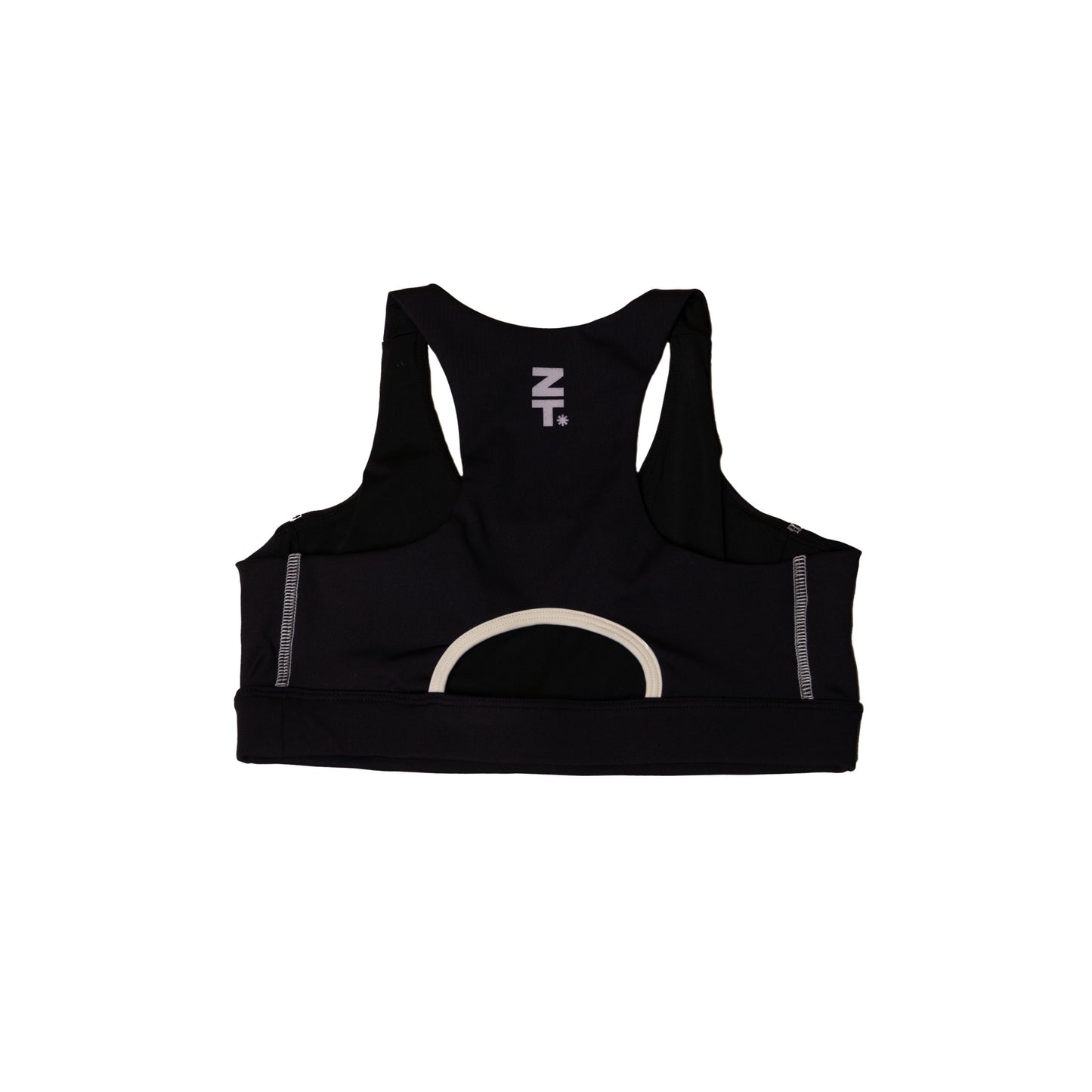 The CTRL Sports Bra in onyx laid flat, back view, showing the racerback and open cut-out.