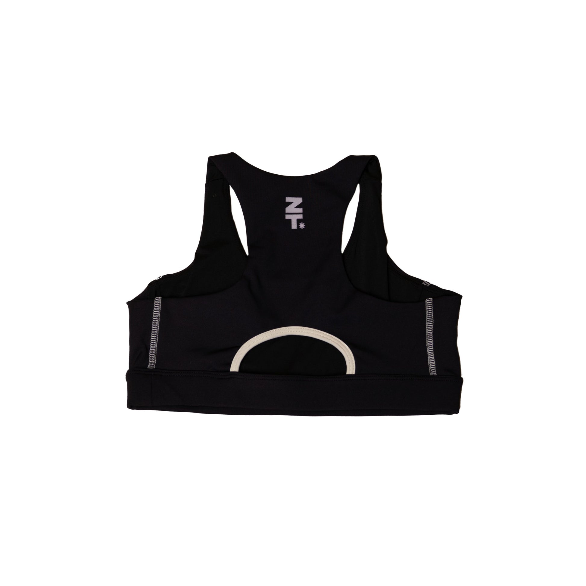 The CTRL Sports Bra in onyx laid flat, back view, showing the racerback and open cut-out.