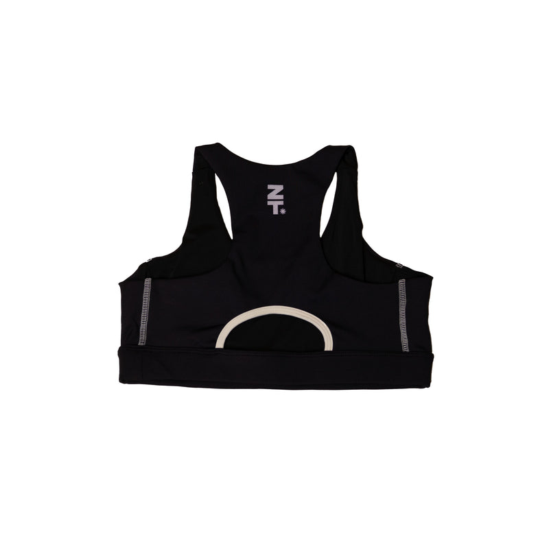 The CTRL Sports Bra in onyx laid flat, back view, showing the racerback and open cut-out.