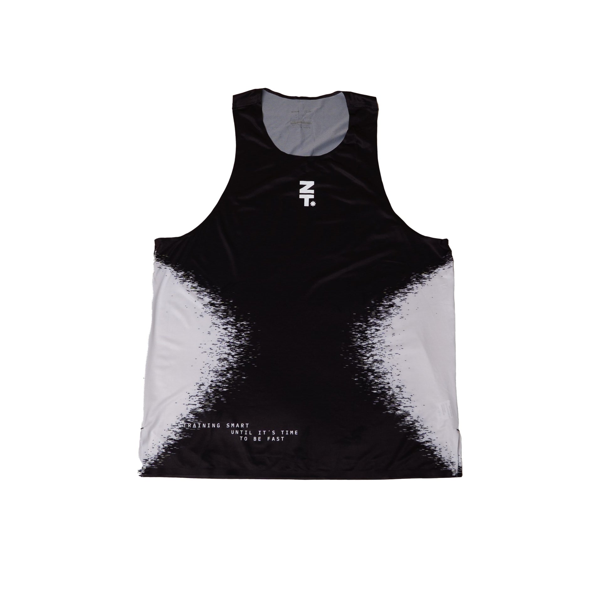 The Static Tank in black with a white faded gradient at the sides, laid flat.