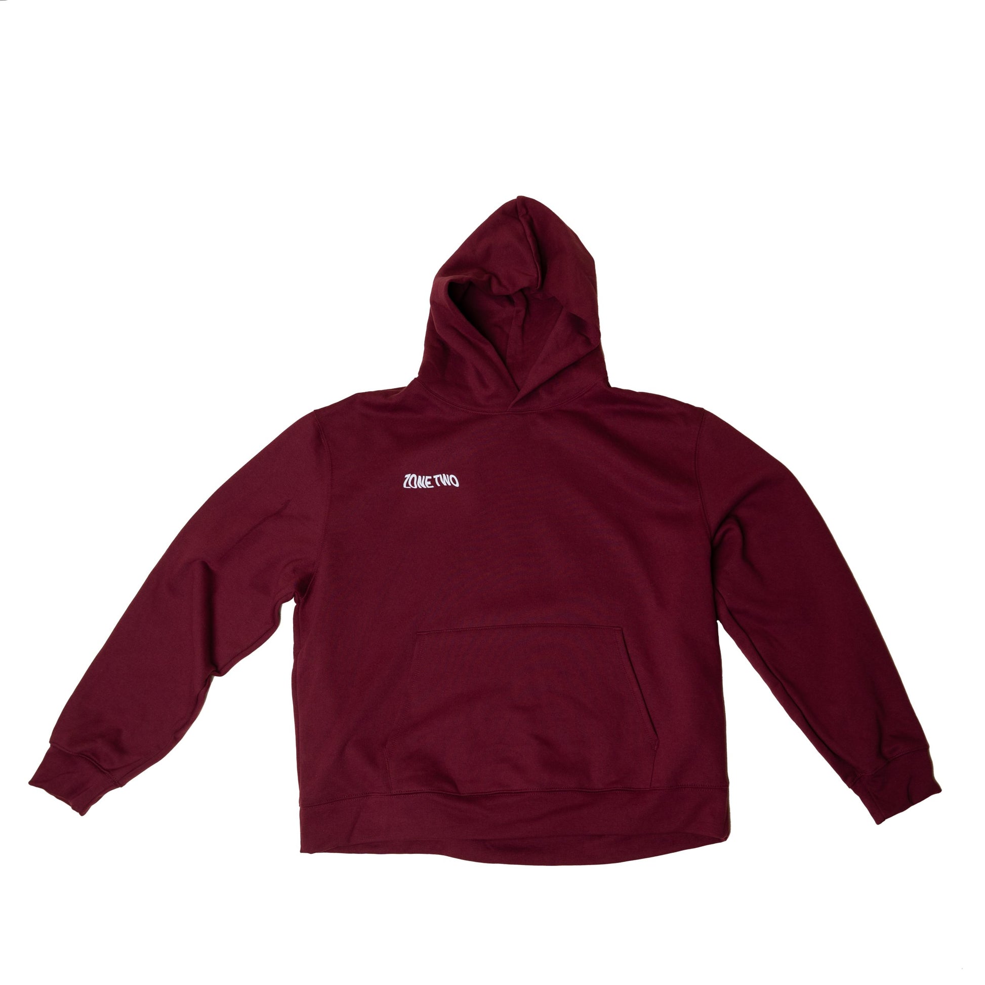 The burgundy Forward Hoodie laid flat, front view, with a small mark at the left chest.