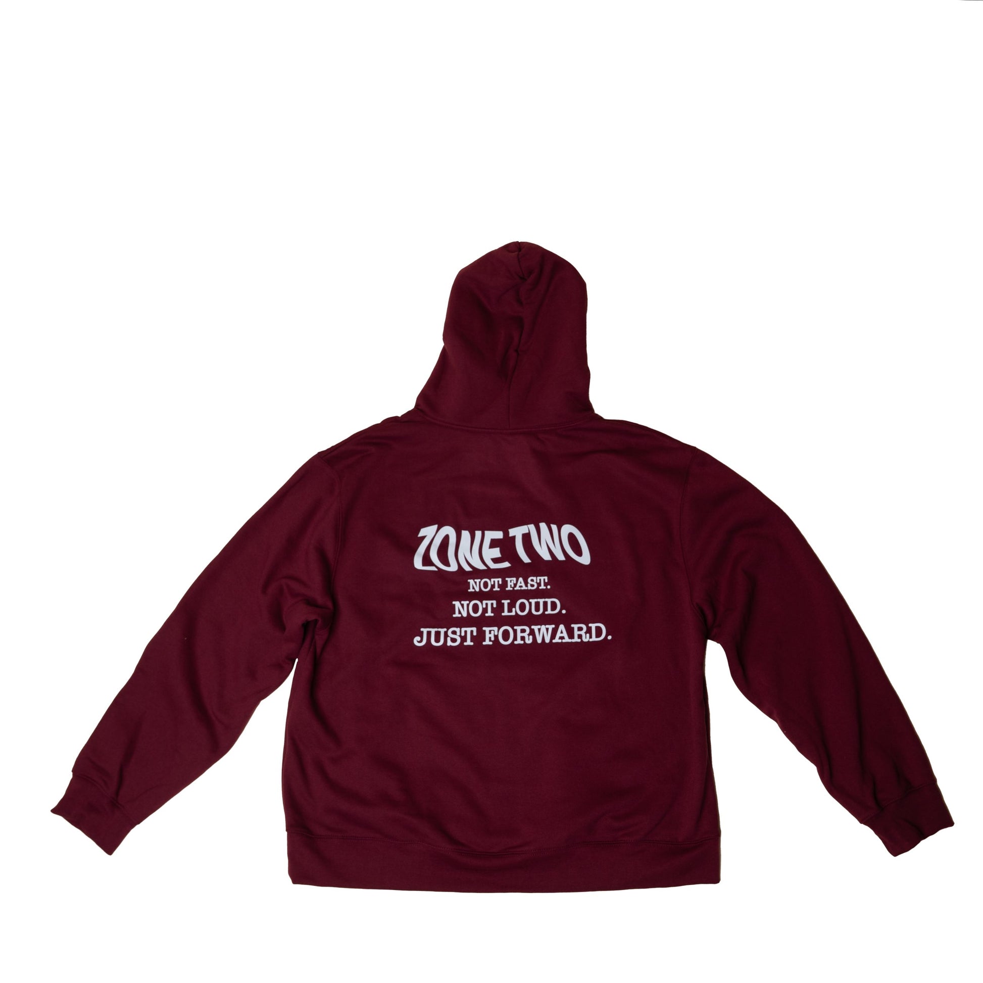 The burgundy Forward Hoodie laid flat, back view, with the arced ZONE TWO print.