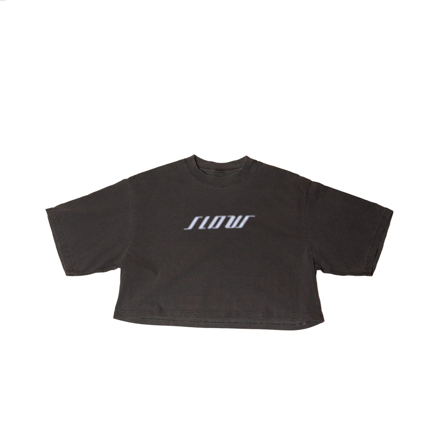 The Slow Crop laid flat in charcoal, with SLOW printed across the chest.