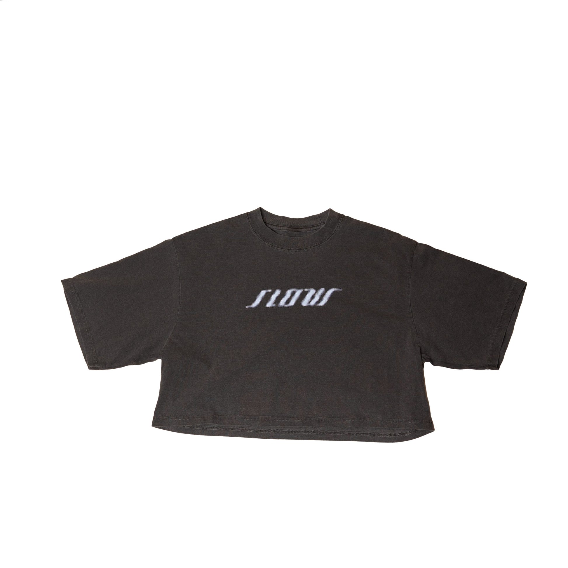 The Slow Crop laid flat in charcoal, with SLOW printed across the chest.