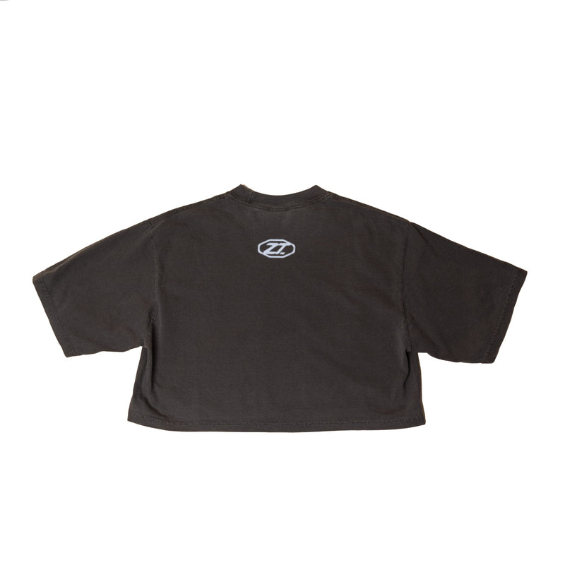 The Slow Crop laid flat in charcoal, boxy and cropped, with a small Z2 mark at the chest.