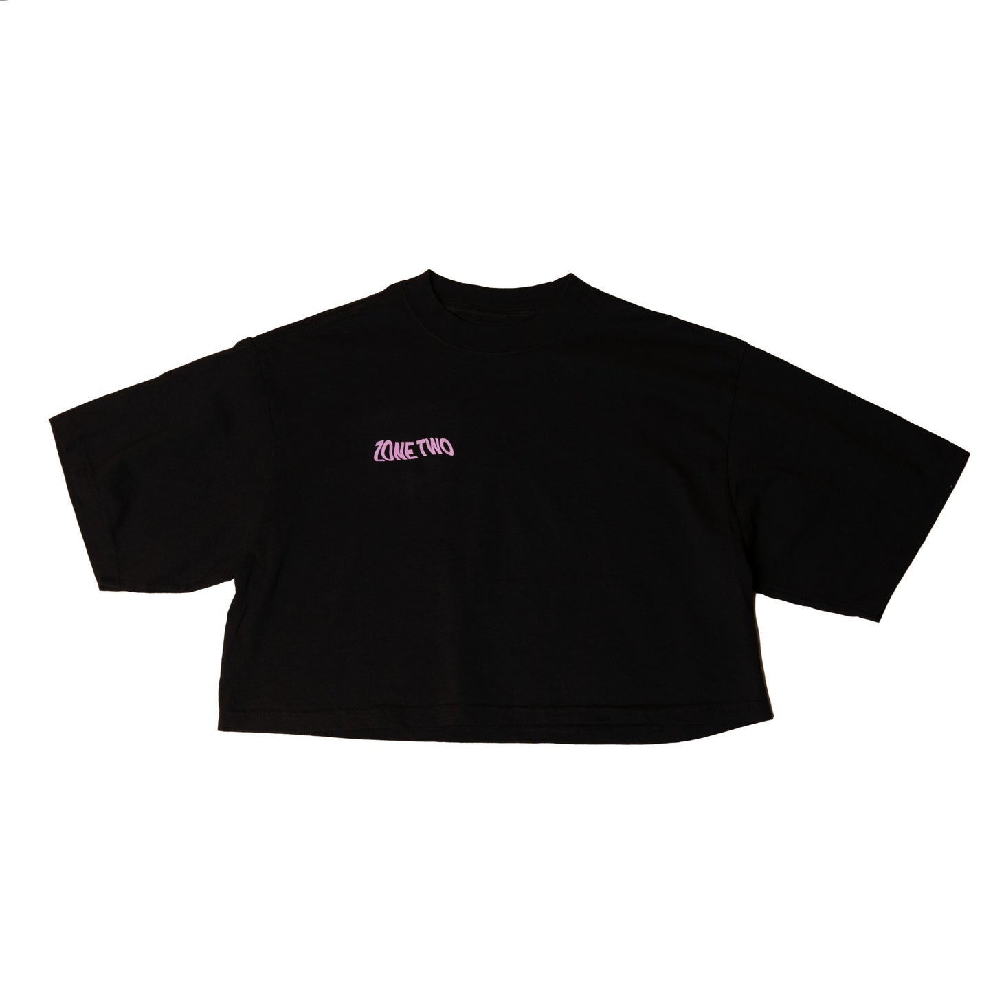 The Balance Crop laid flat in black, with a small red mark at the left chest.