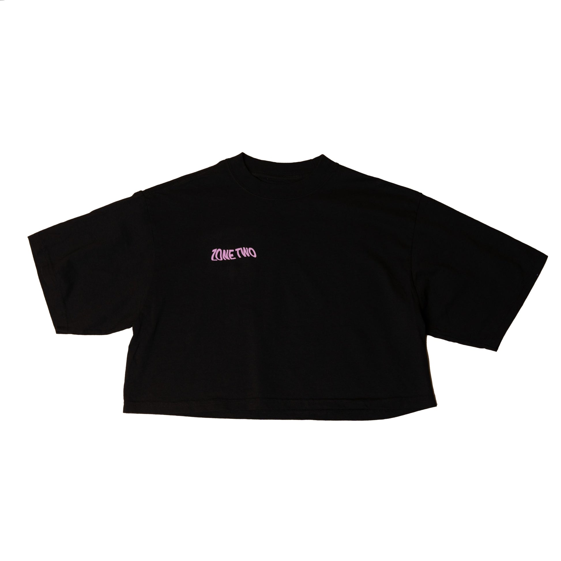 The Balance Crop laid flat in black, with a small red mark at the left chest.