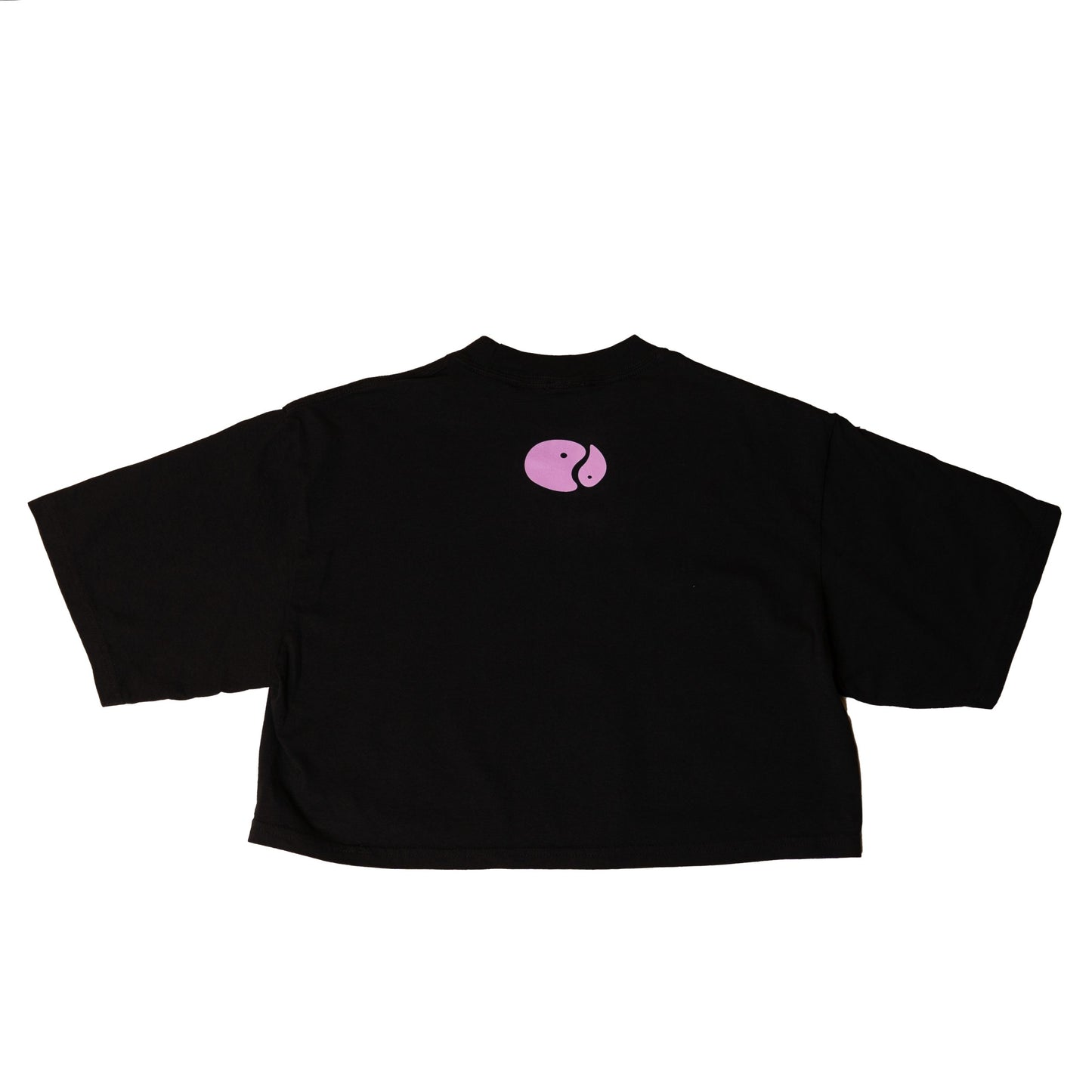 The Balance Crop laid flat in black, with a small pink oval mark at the left chest.