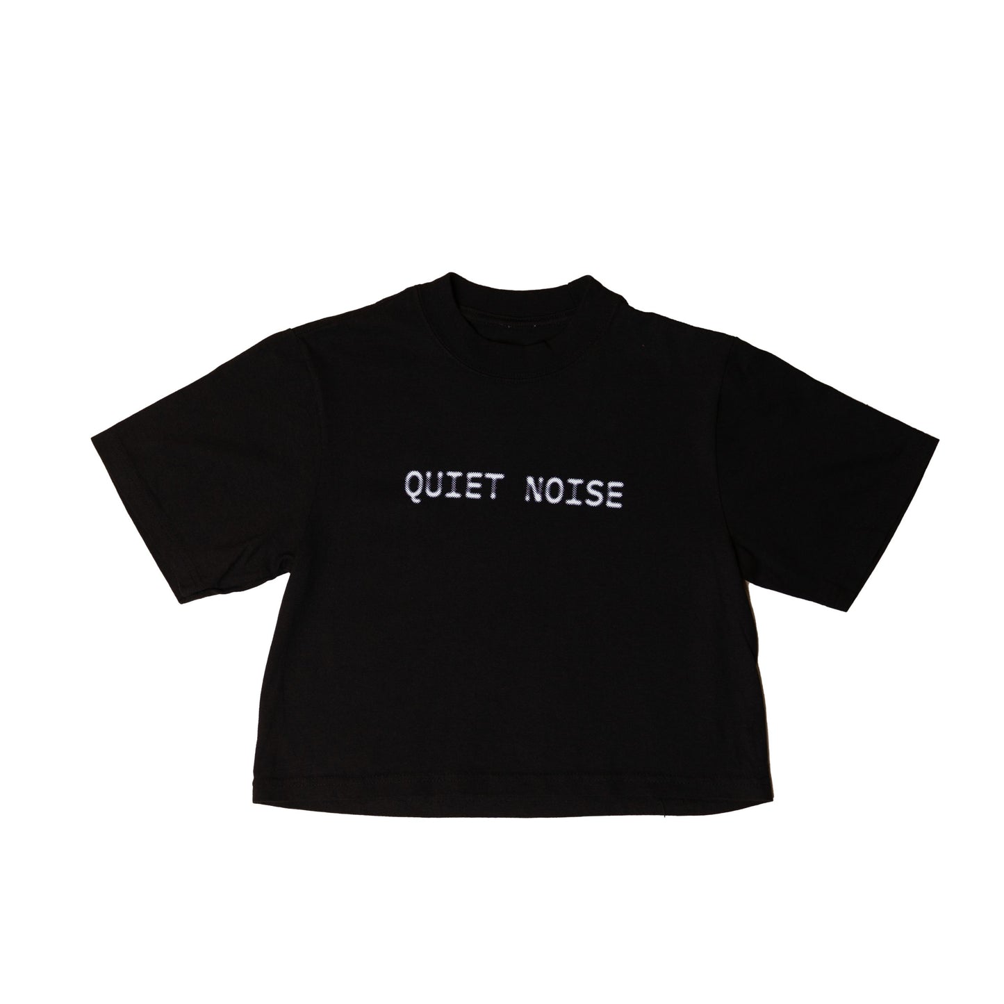 The Quiet Noise Crop laid flat in black, with QUIET NOISE printed small at the chest.