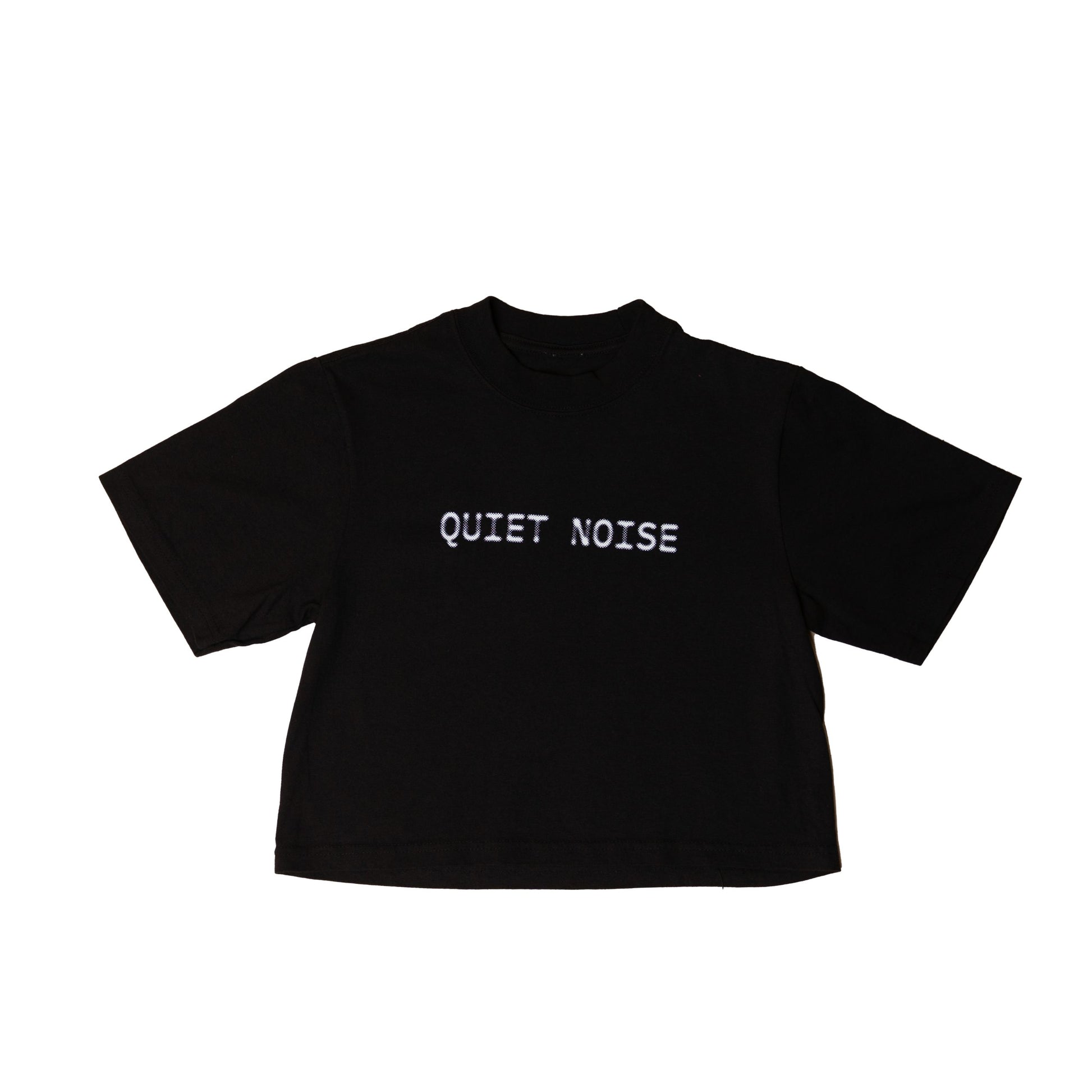 The Quiet Noise Crop laid flat in black, with QUIET NOISE printed small at the chest.