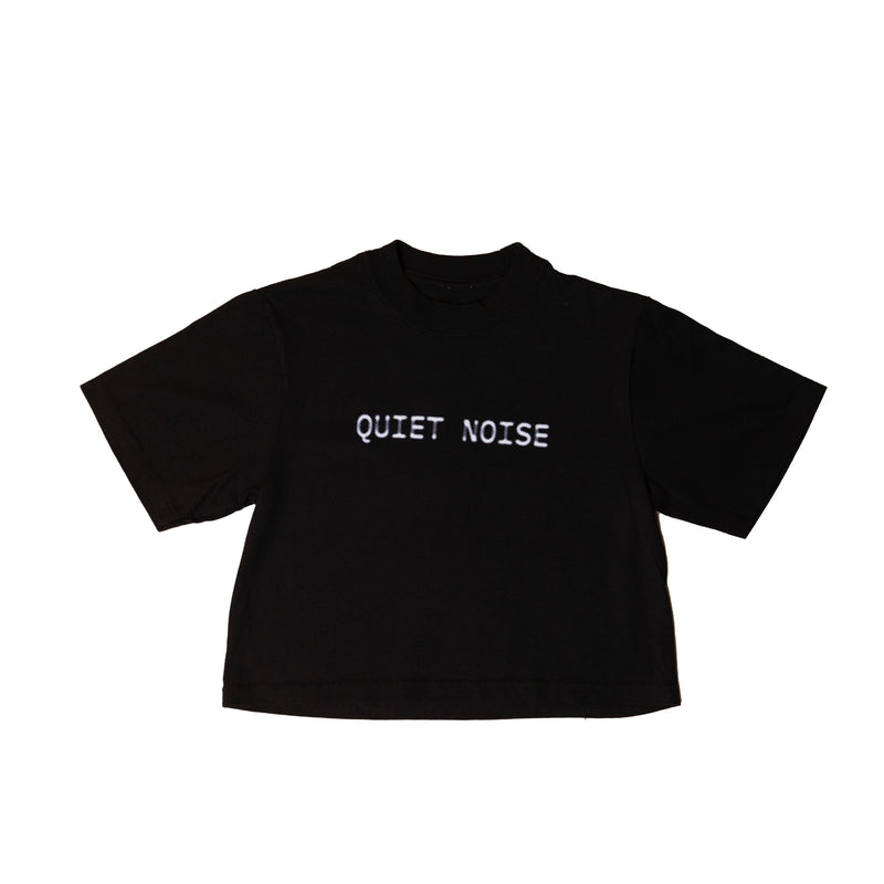 The Quiet Noise Crop laid flat in black, with QUIET NOISE printed small at the chest.