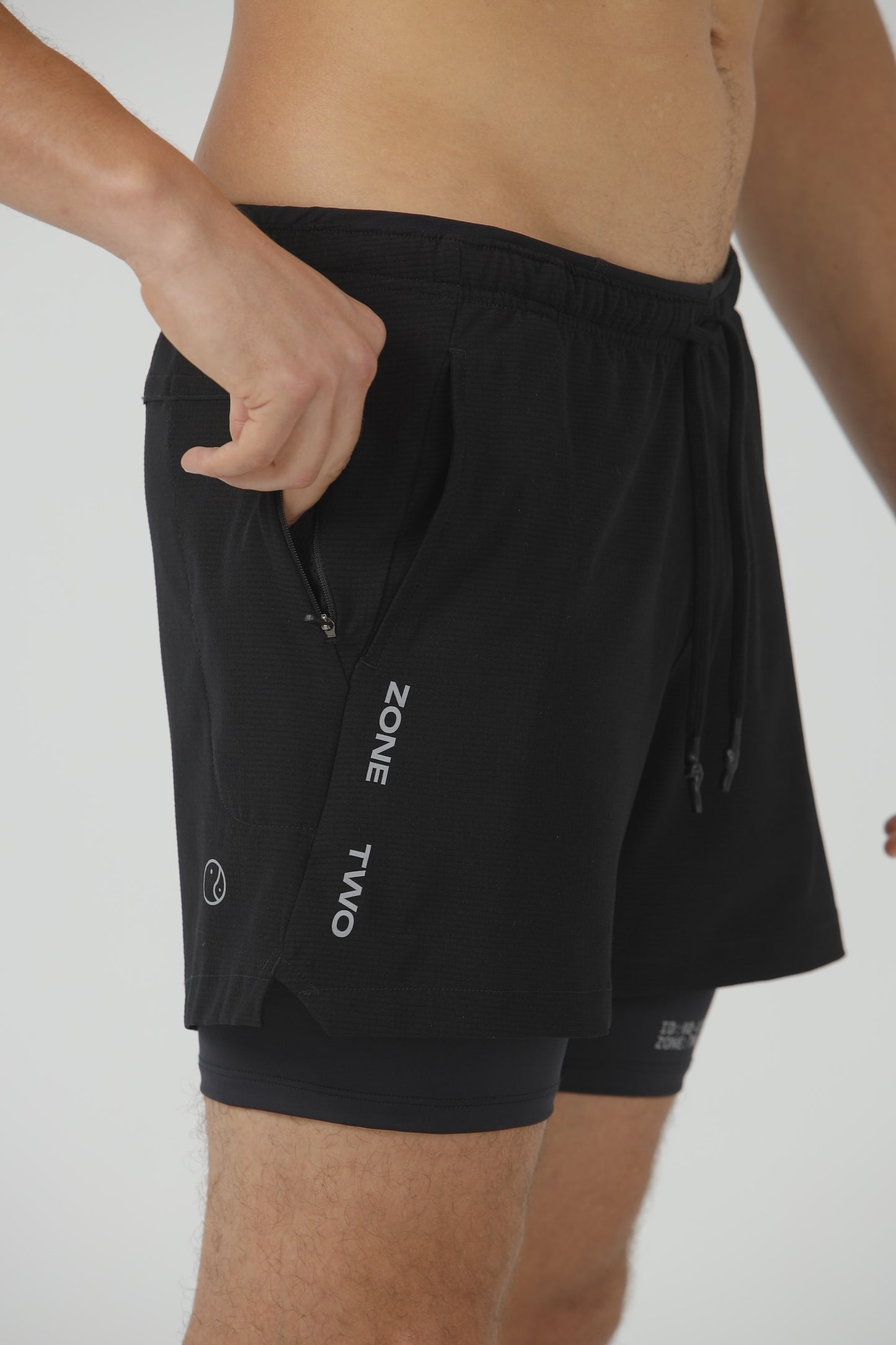 Close-up of the black Drift Shorts, showing the compressive inner liner below the outer shell.