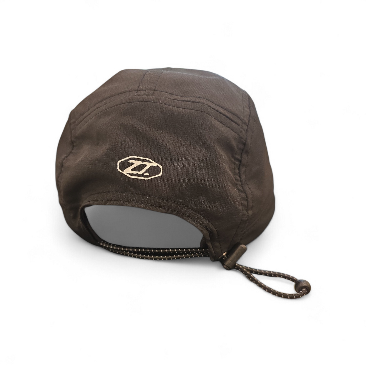 A brown five-panel cap seen from behind, showing the adjustable buckle closure.