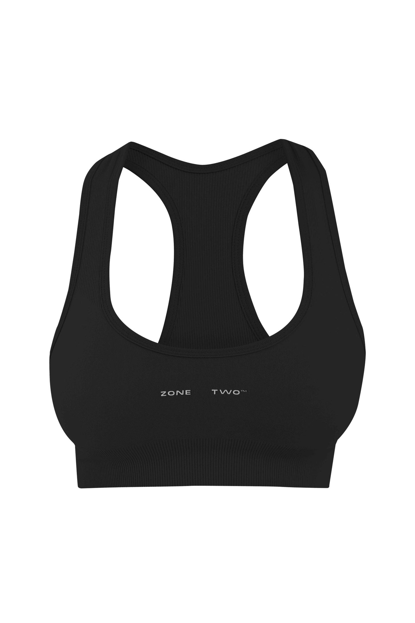 Black Top Flow Racerback sports bra, front view, laid flat on white.