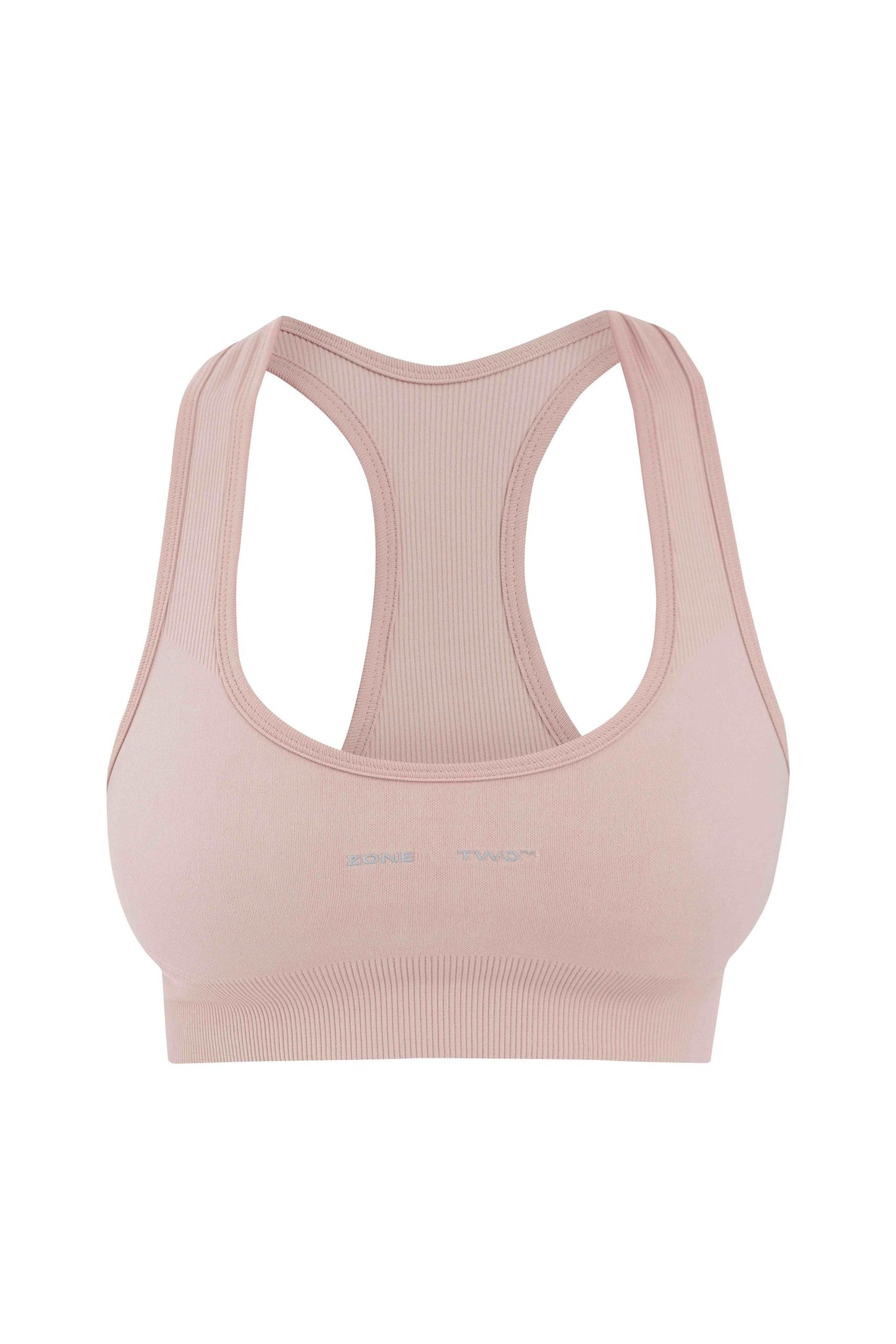Pink Top Flow Racerback sports bra, front view, laid flat on white.