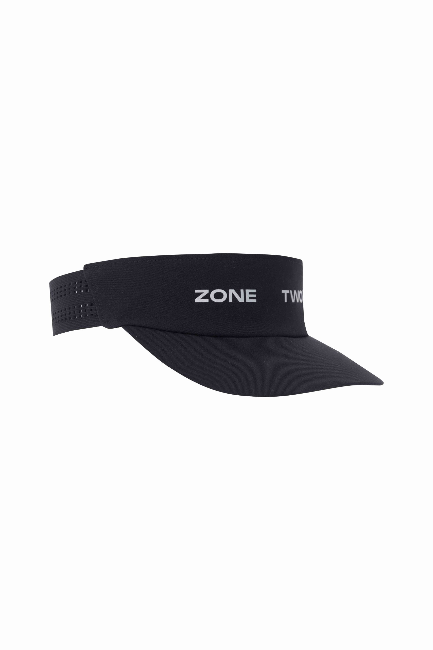 Black Shield Visor with the Zone Two wordmark on the front band, angled view.