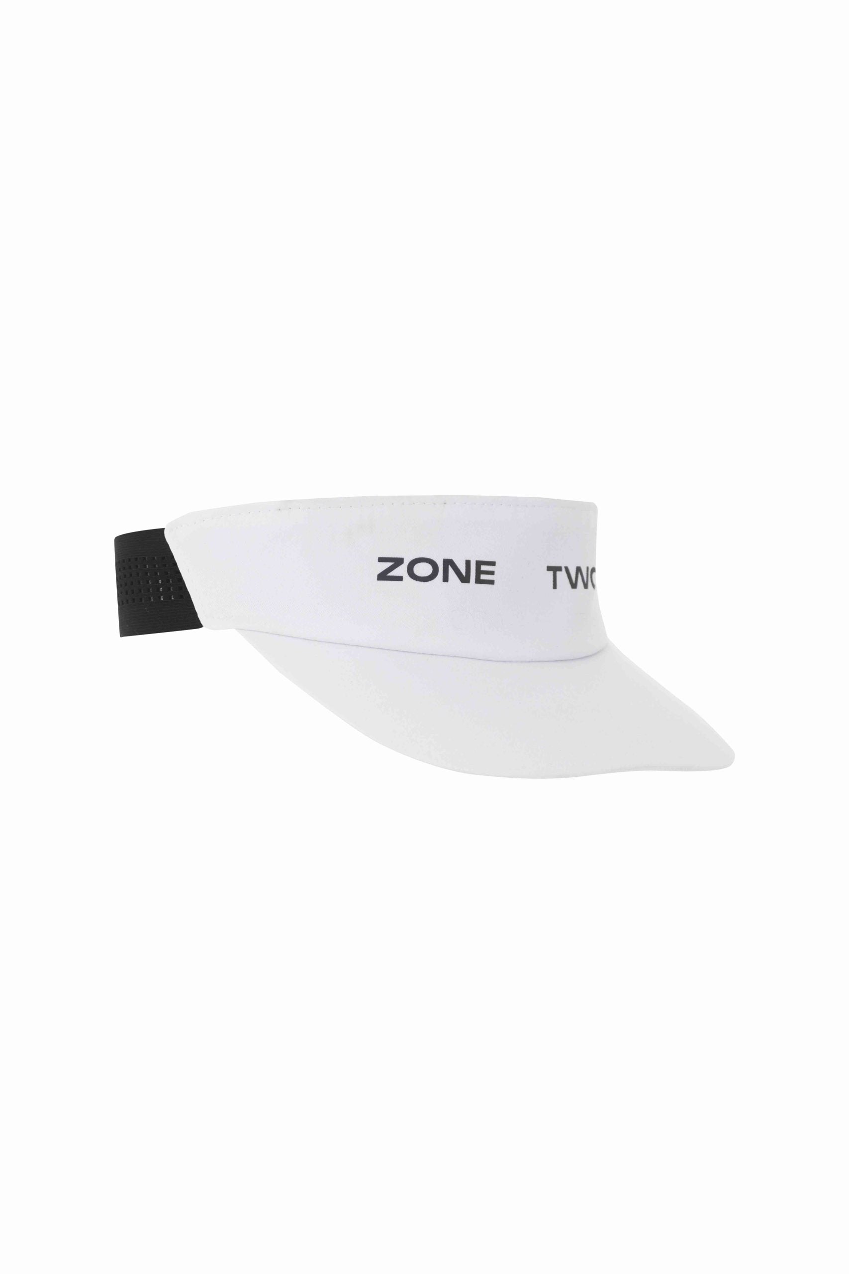 White Shield Visor with the Zone Two wordmark on the front band, angled view.