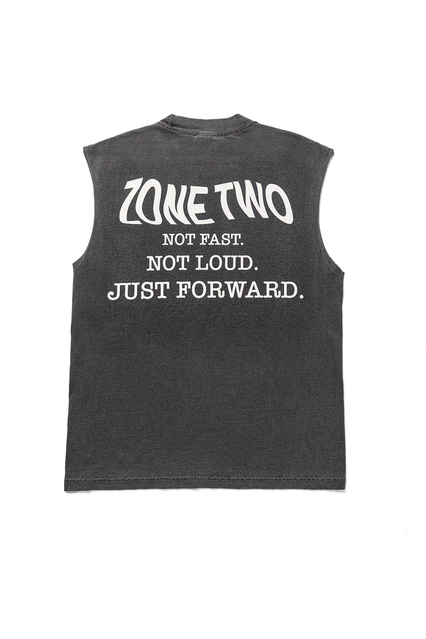 The Forward Tank in charcoal, laid flat, printed NOT FAST. NOT LOUD. JUST FORWARD. across the back.