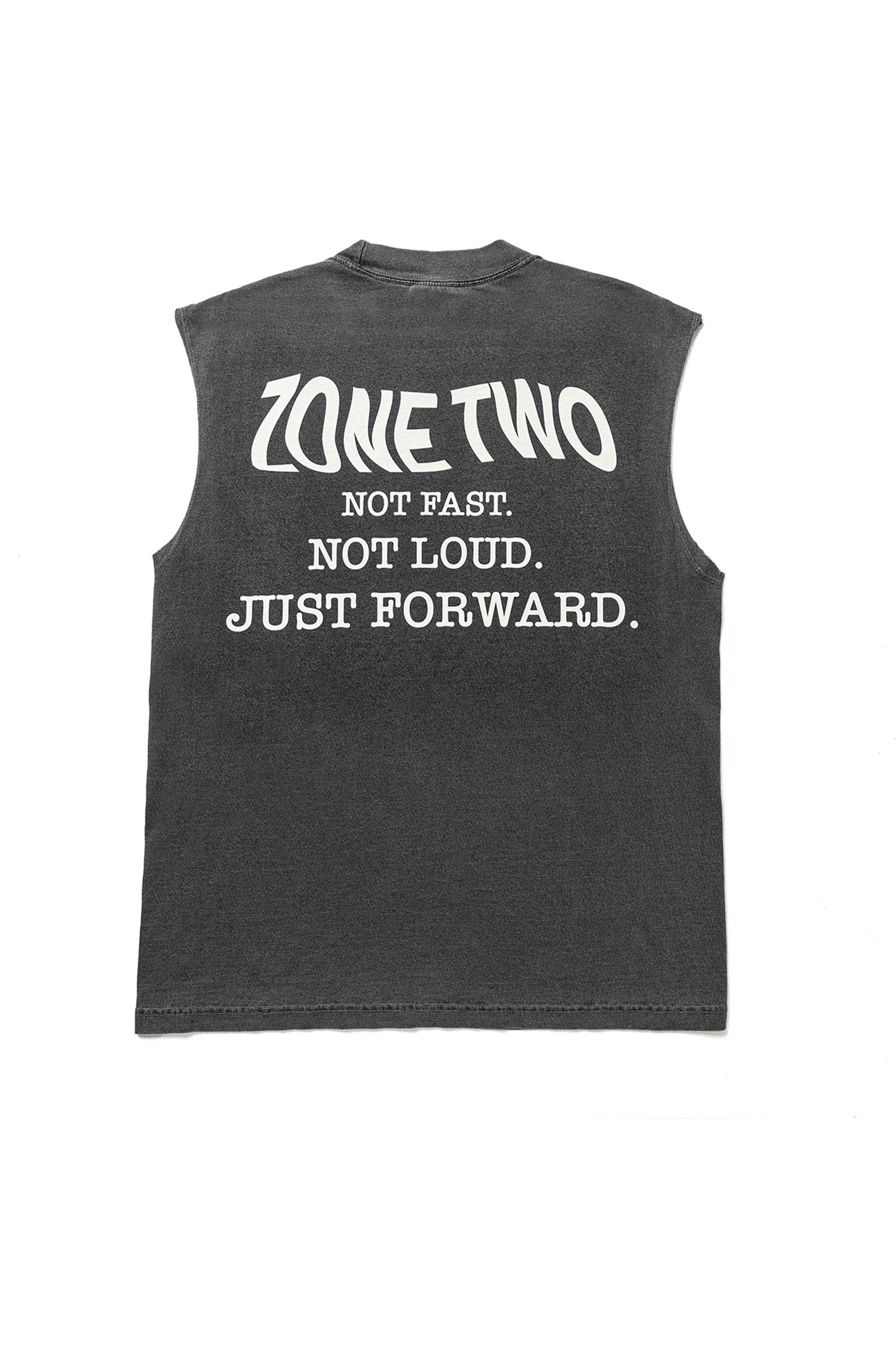 The Forward Tank in charcoal, laid flat, printed NOT FAST. NOT LOUD. JUST FORWARD. across the back.