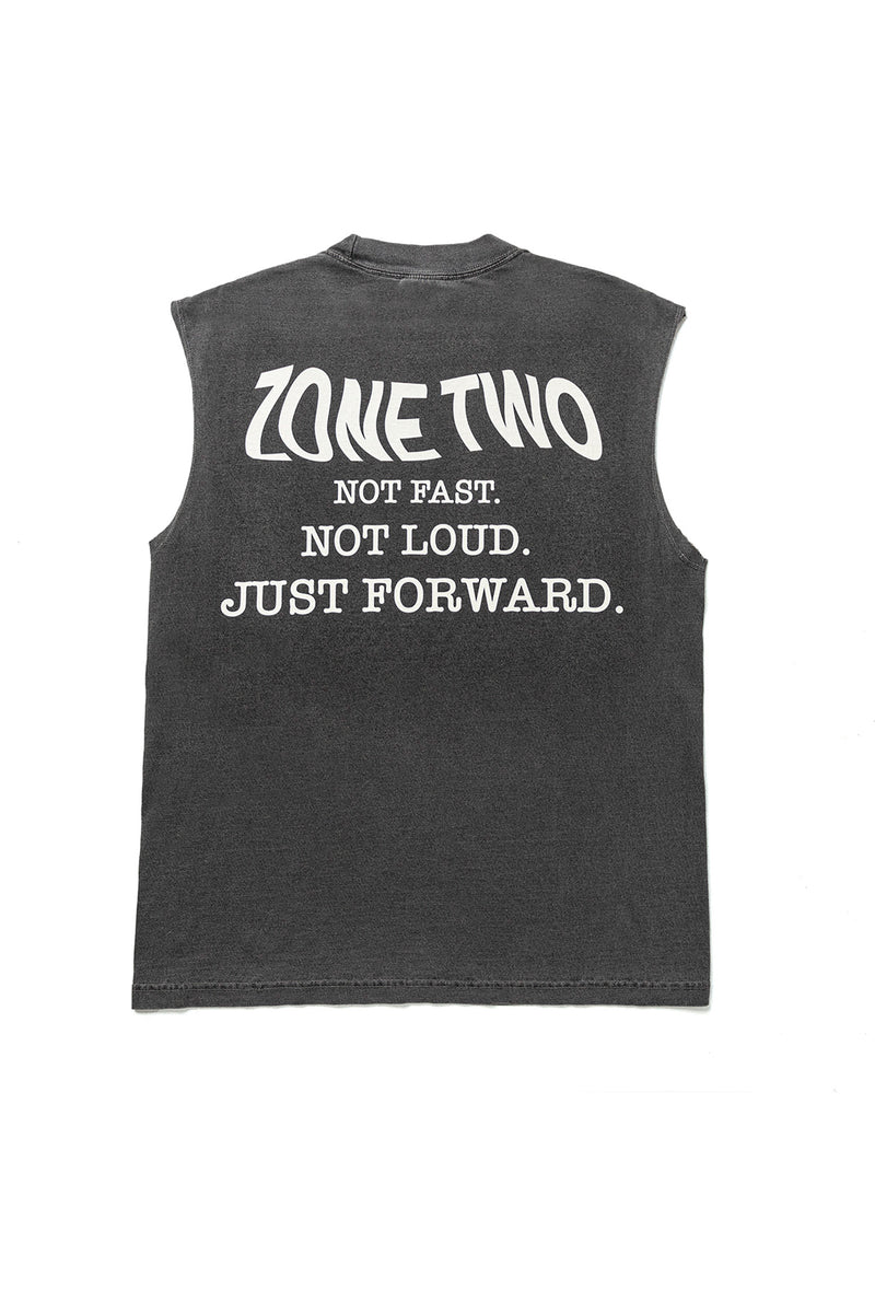 The Forward Tank in charcoal, laid flat, printed NOT FAST. NOT LOUD. JUST FORWARD. across the back.