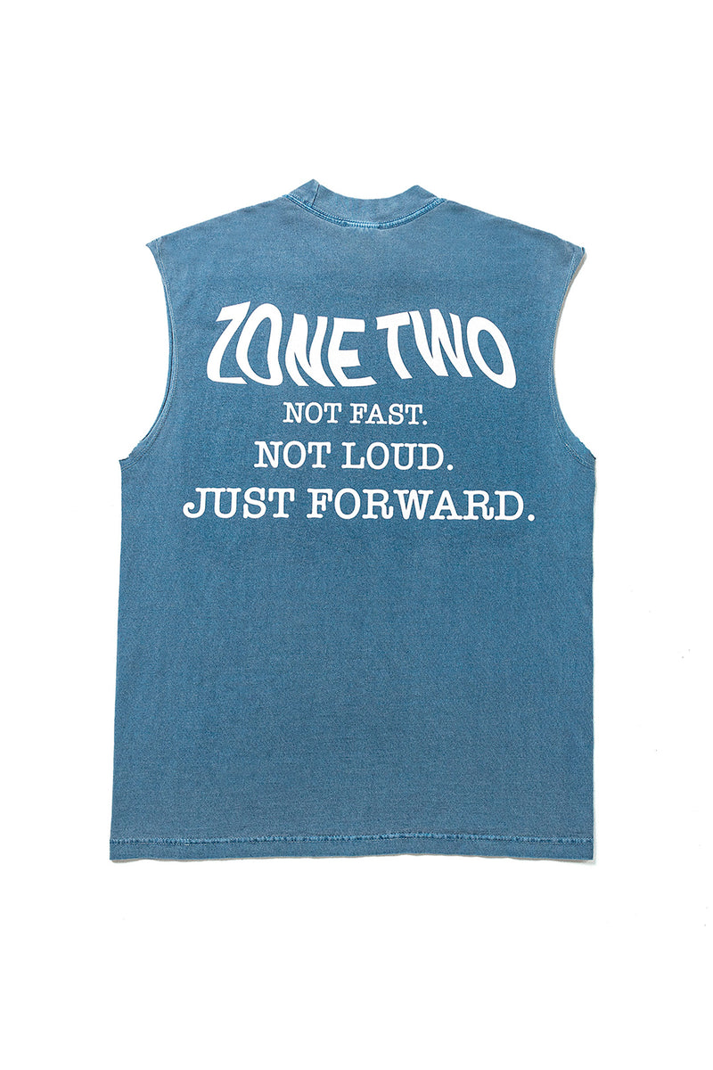 The Forward Tank in blue, laid flat, printed NOT FAST. NOT LOUD. JUST FORWARD. across the back.