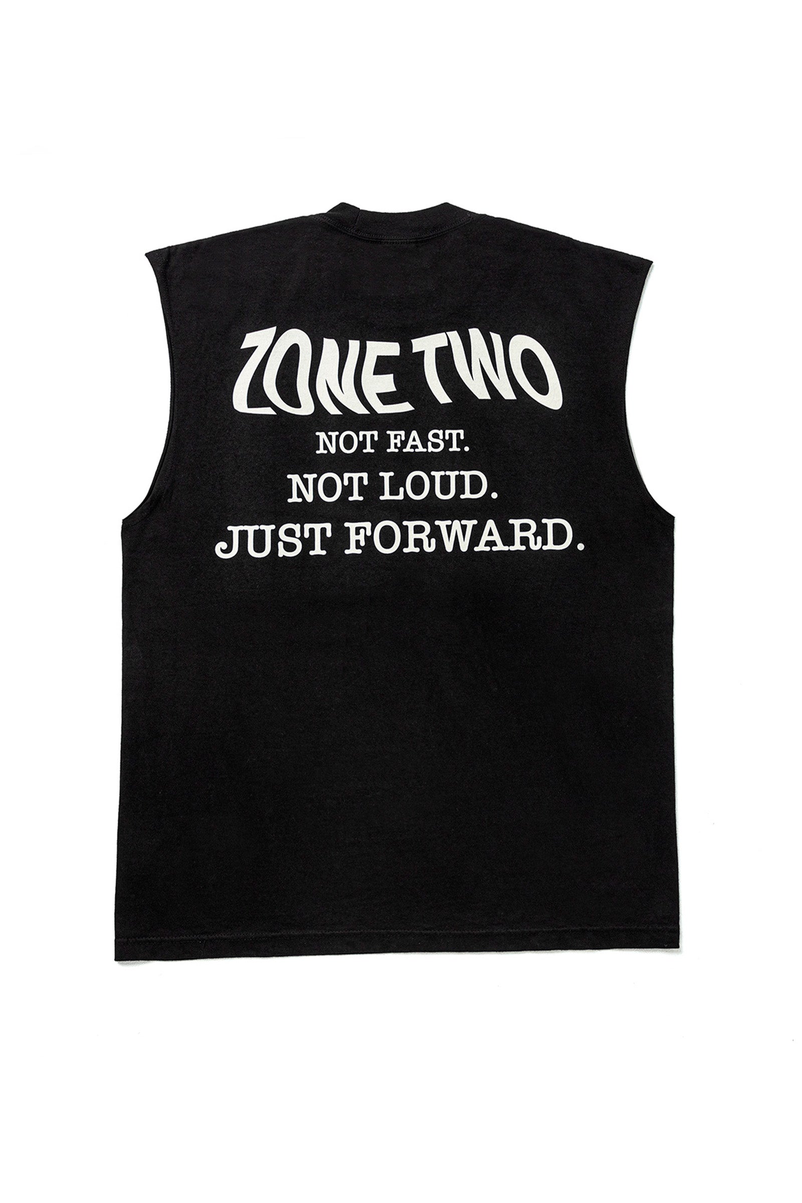 The Forward Tank in black, laid flat, printed NOT FAST. NOT LOUD. JUST FORWARD. across the back.