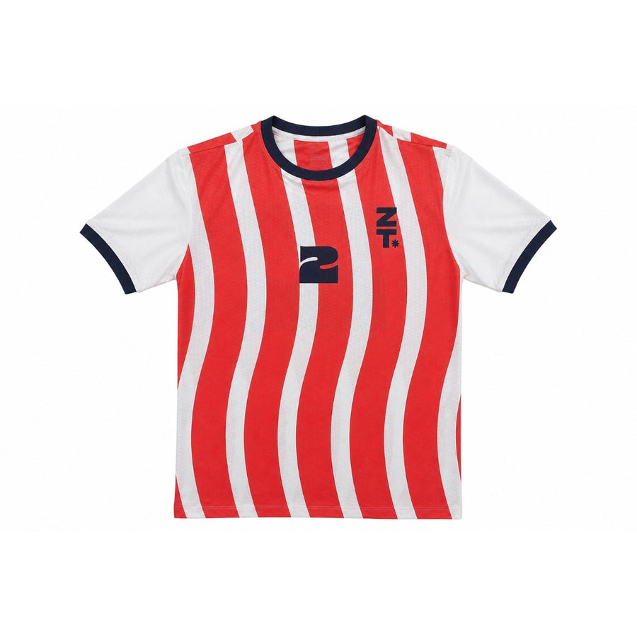 Nations Tee America front. Red and white stripes, navy 2, NT mark.