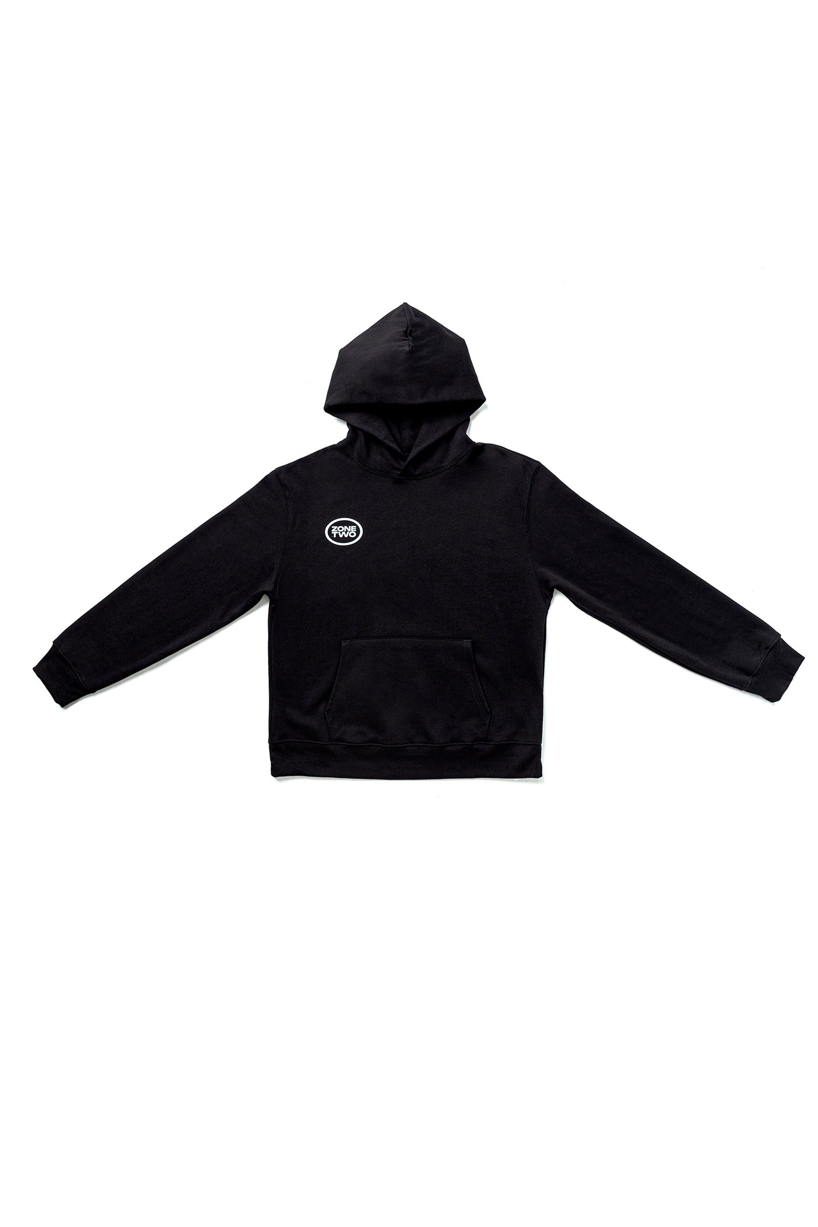 The black Quiet Hoodie laid flat, front view, with a small oval mark at the left chest.