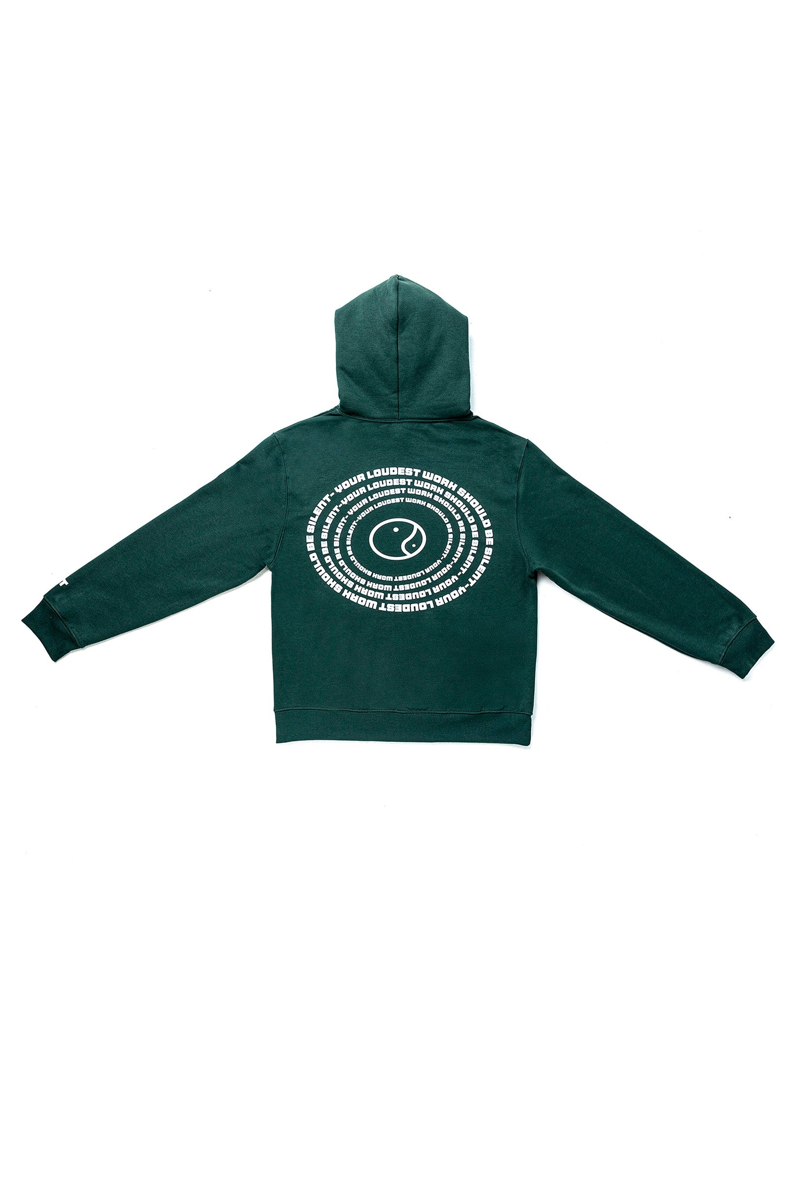 The green Quiet Hoodie laid flat, back view, with the spiral text print across the shoulders.