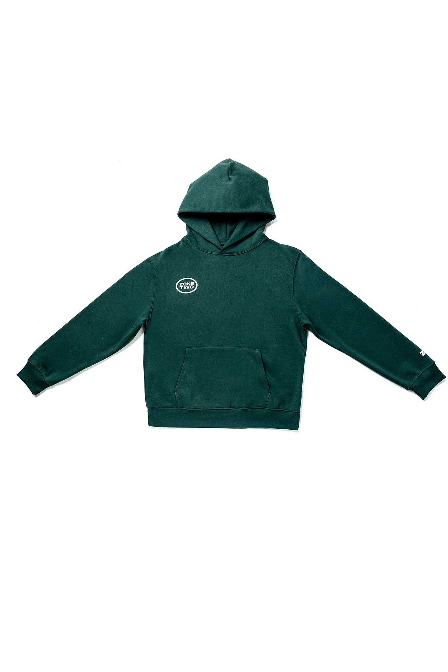 The green Quiet Hoodie laid flat, front view, with a small oval mark at the left chest.