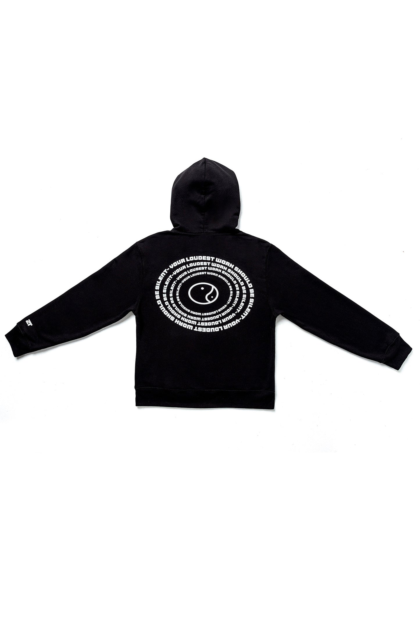 The black Quiet Hoodie laid flat, back view, with the spiral text print across the shoulders.
