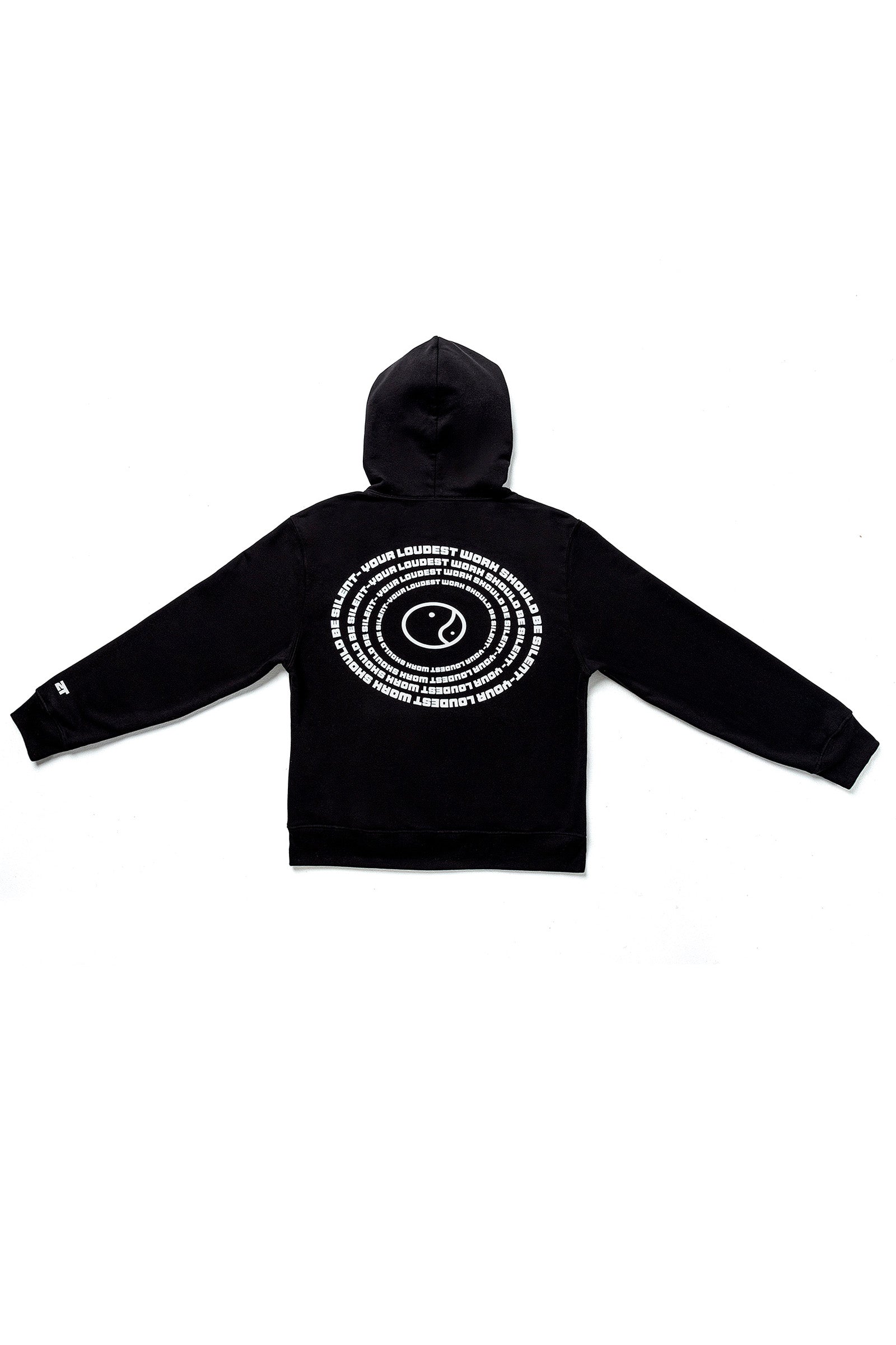 The black Quiet Hoodie laid flat, back view, with the spiral text print across the shoulders.